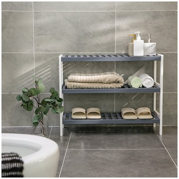 Skoreol i bambus med 3 hylder - hvid og gr� 70 x 55 x 26