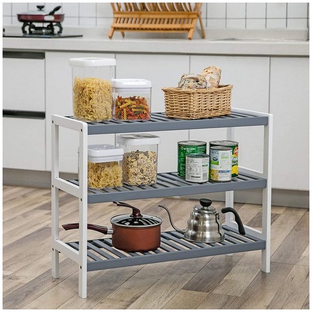 Skoreol i bambus med 3 hylder - hvid og gr� 70 x 55 x 26
