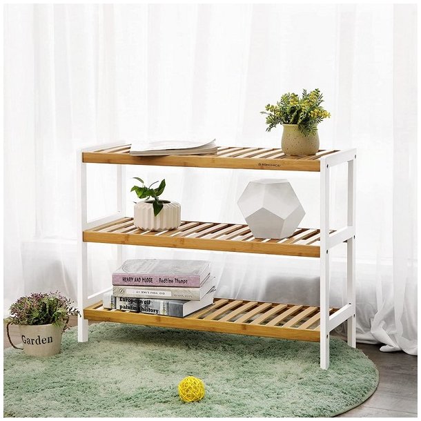 Skoreol i bambus med 3 hylder - hvid og brun 70 x 55 x 26