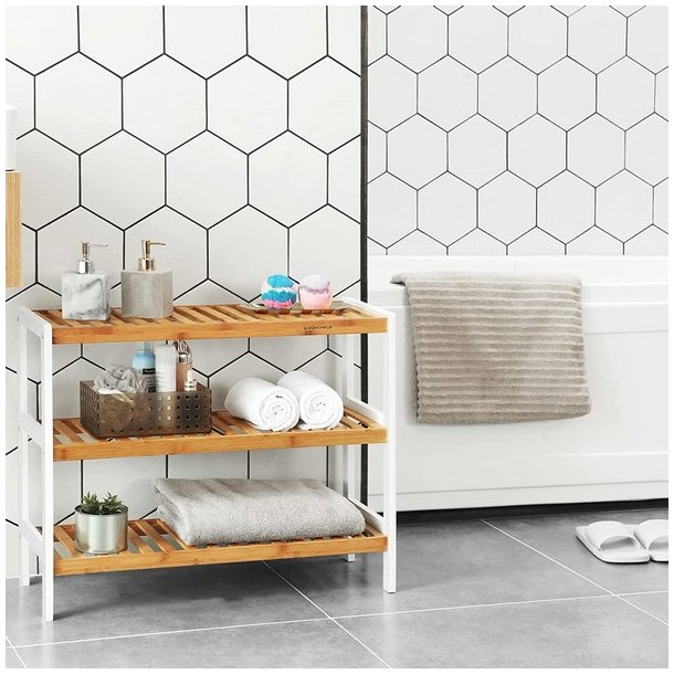 Skoreol i bambus med 3 hylder - hvid og brun 70 x 55 x 26