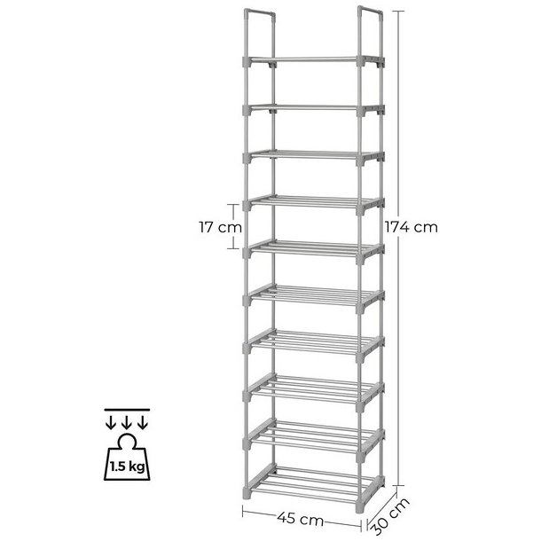 Skoreol - delbart skostativ med 10 hylder - gr� 45 x 30 x 174