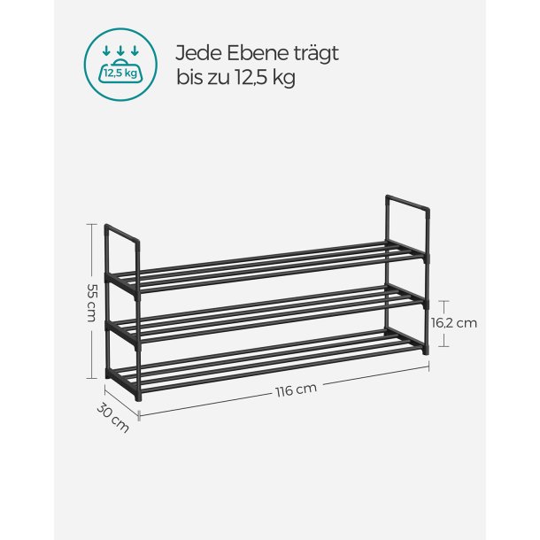 Skoreol - skostativ i sort metal med 3 hylder - 116 x 30 x 55