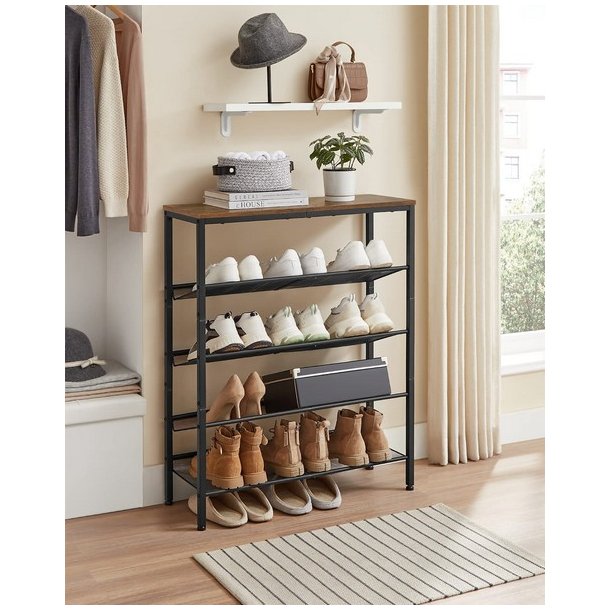 Skoreol med 4 hylder - skostativ med metalhylder - rustik brun