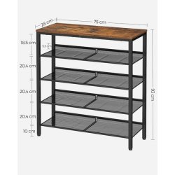 Skoreol med 4 hylder - skostativ med metalhylder - rustik brun