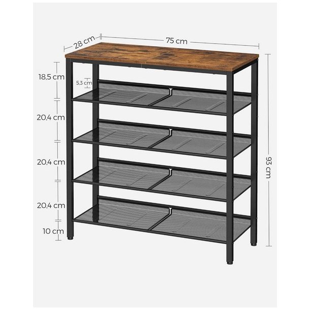 Skoreol med 4 hylder - skostativ med metalhylder - rustik brun