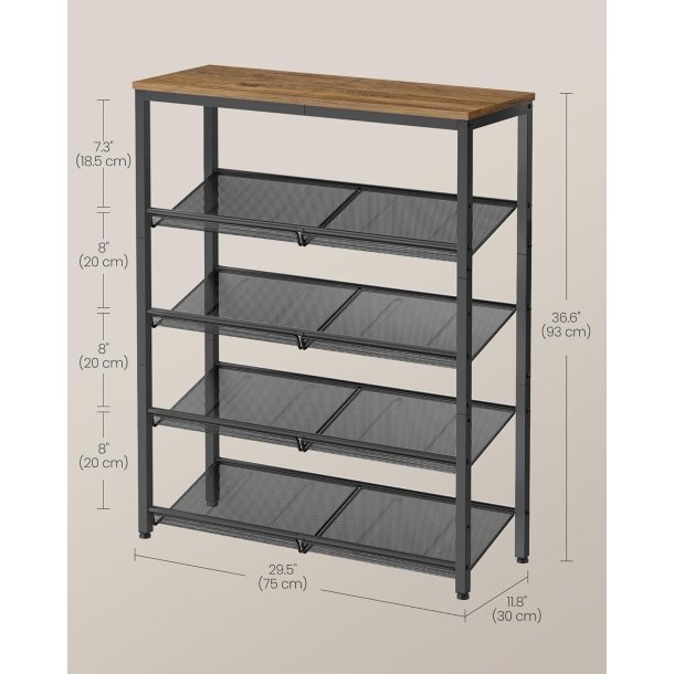 Skoreol med 4 hylder - skostativ med metalhylder - brun