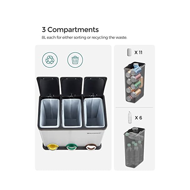 Pedal skraldespand - pedalspand med l�g - 24L (3x8L) s�lv metal