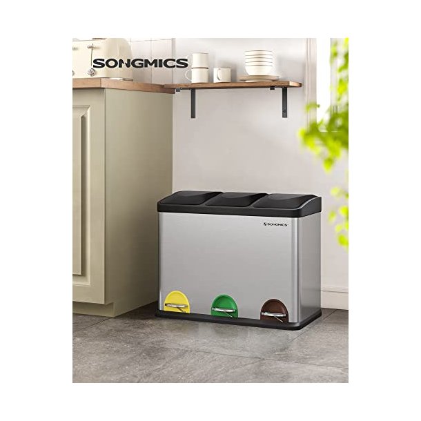 Pedalspand - skraldespand med l�g - 45L (3x15L) s�lv metal