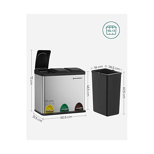 Pedalspand - skraldespand med l�g - 45L (3x15L) s�lv metal