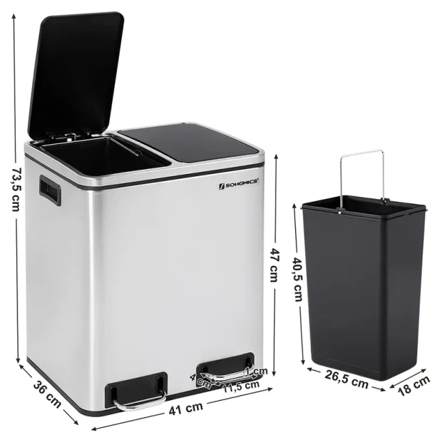 Skraldespand - pedalspand med soft close l�g - 2x15L s�lv