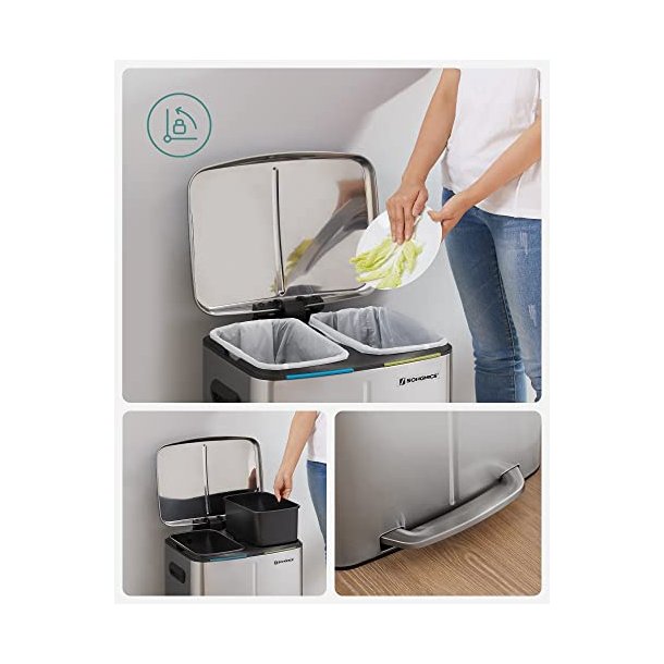 Skraldespand - pedalspand med soft close l�g - 2x20L s�lv