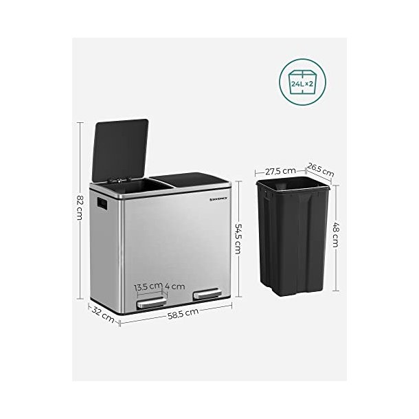 Skraldespand - pedalspand med soft close l�g - 2x24L s�lv