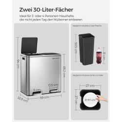 Skraldespand - pedalspand med soft close l�g - 2x30L s�lv