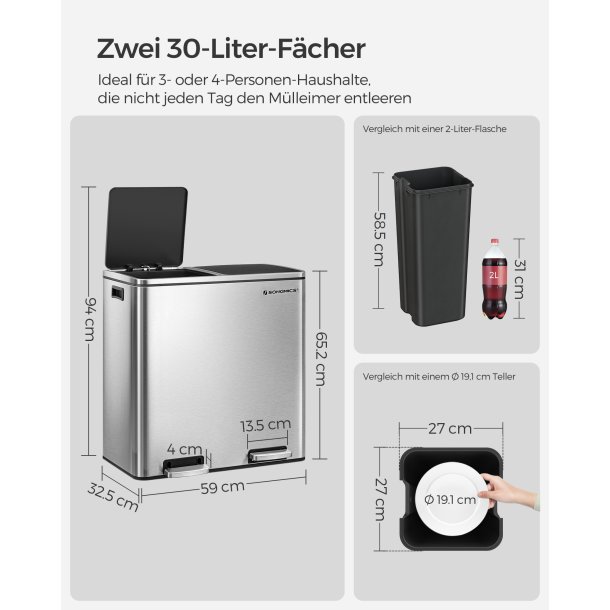 Skraldespand - pedalspand med soft close l�g - 2x30L s�lv