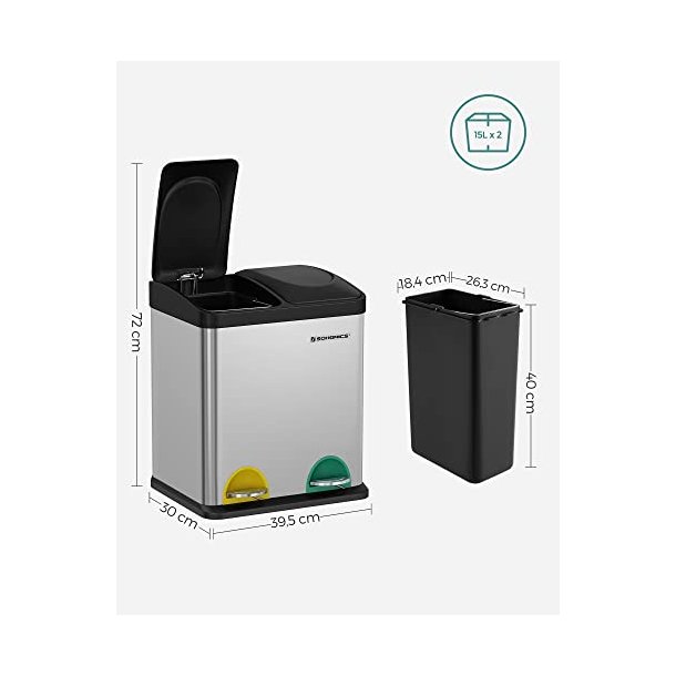 Pedal skraldespand - pedalspand med l�g - 30L (2x15L) s�lv metal