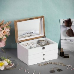 Smykkeskrin - smykkeskrin i tr� med 2 skuffer, spejl og l�s