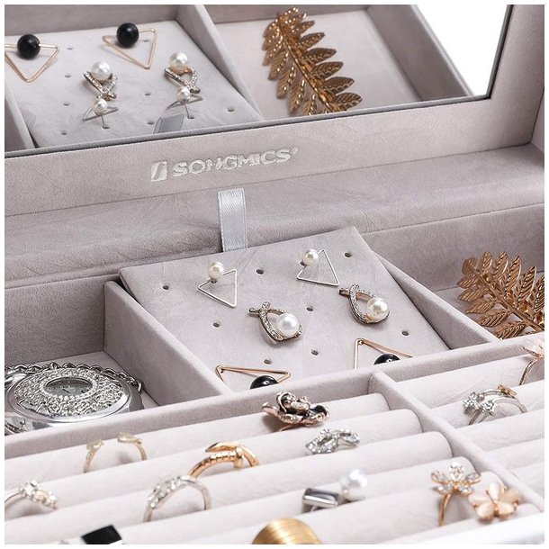 Smykkeskrin - stort smykkeskrin med 5 skuffer og spejl