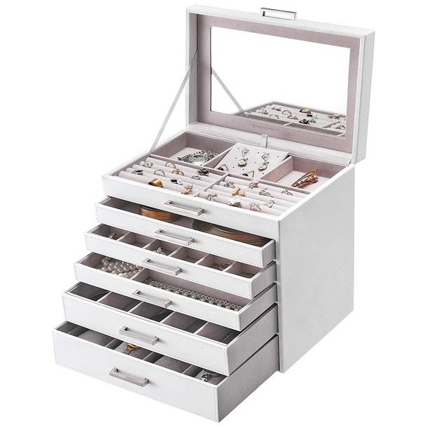 Smykkeskrin - stort smykkeskrin med 5 skuffer og spejl