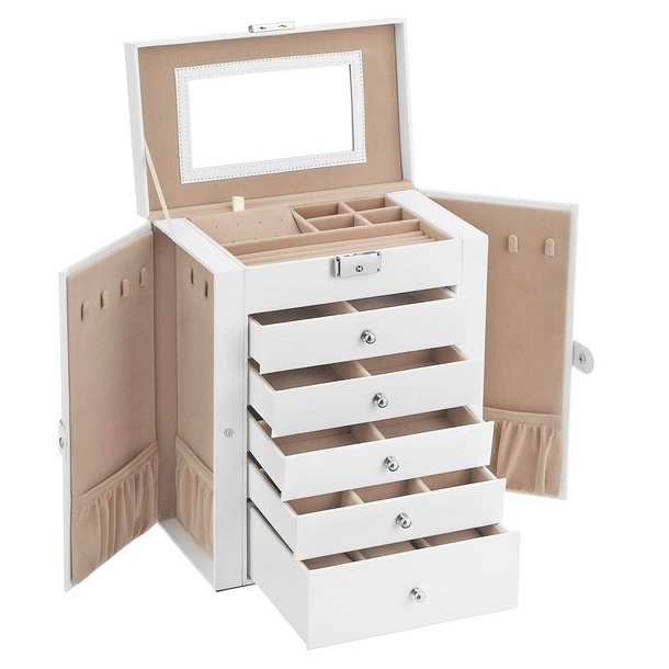 Smykkeskrin - stort smykkeskrin med 5 skuffer, spejl og l�s