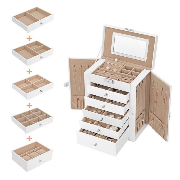 Smykkeskrin - stort smykkeskrin med 5 skuffer, spejl og l�s