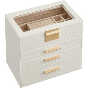 Smykkeskrin i kunstl�der - smykkeskrin med skuffer - hvid