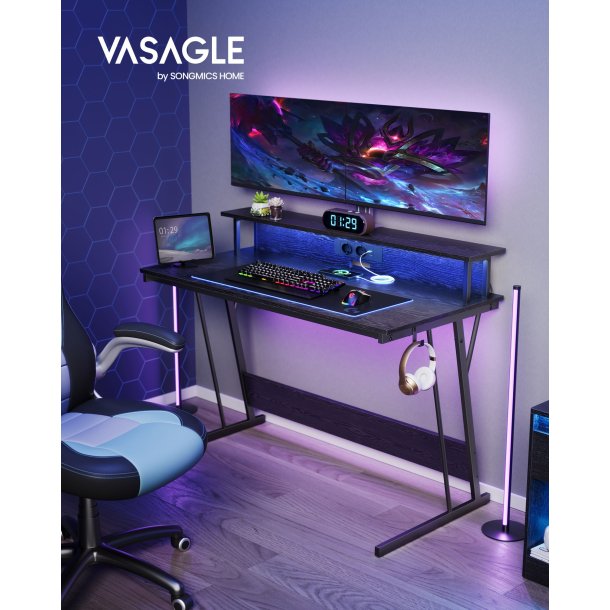Gamerbord med sk�rmstativ, LED-lys og str�m - sort 120x60x76