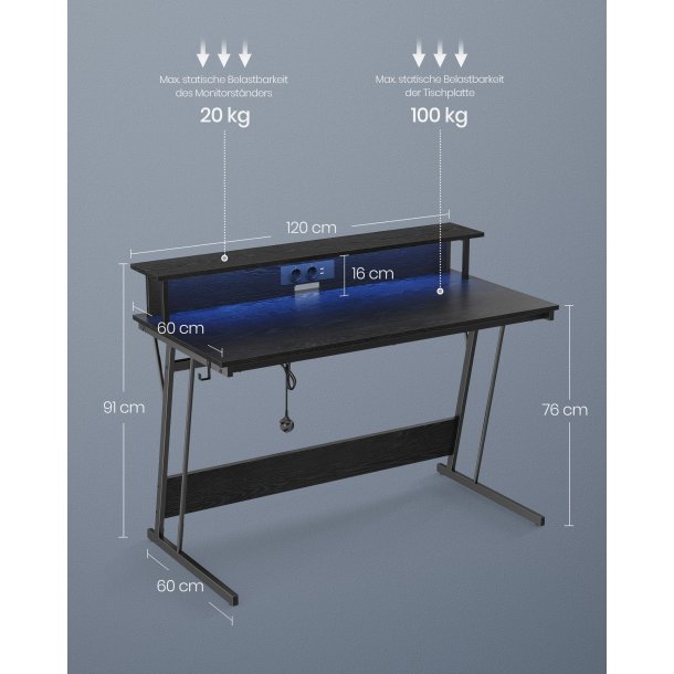 Gamerbord med sk�rmstativ, LED-lys og str�m - sort 120x60x76