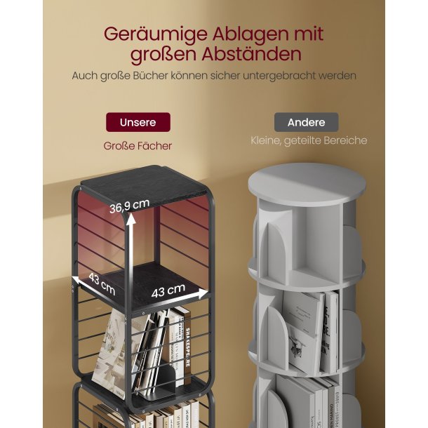 Reol - 360� roterbar bogreol - sort gulvreol - 43 x 43 x 158