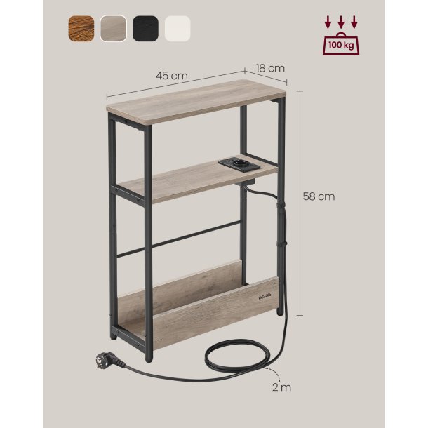 Sidebord med str�mstik - smal slank sengebord - gr� beige