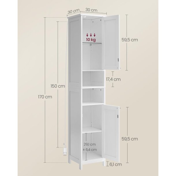 badevrelsesskab med lys, hylder og skabe - hvid 170 x 30 x 30