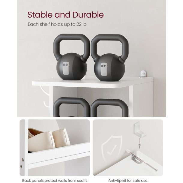 Skoreol med 7 hylder - smal skostativ med knager - hvid