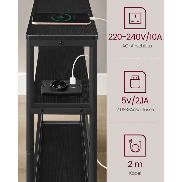 Sidebord med str�mstik - smal slank sengebord - sort