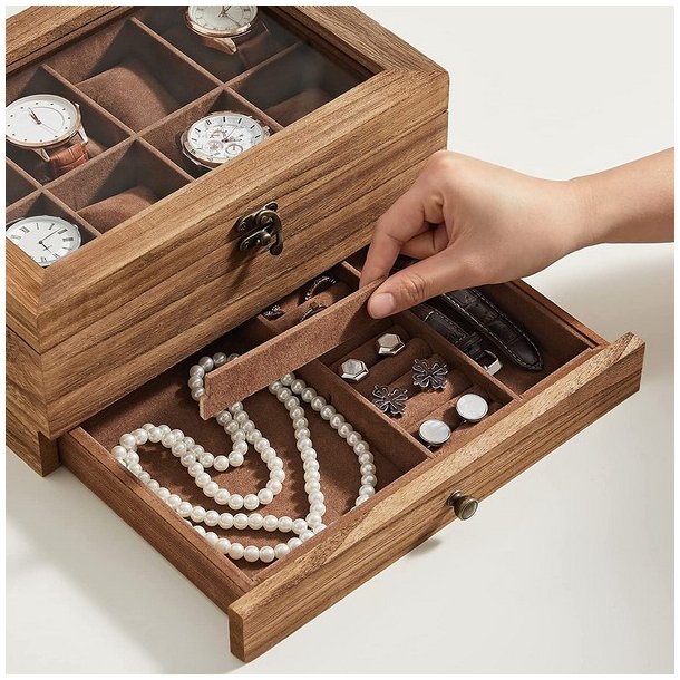 Urkasse til 8 ure i tr� - urboks og smykkeskrin - rustik brun