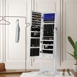 Smykkeskab med LED lys - spejlskab til smykker og makeup - hvid