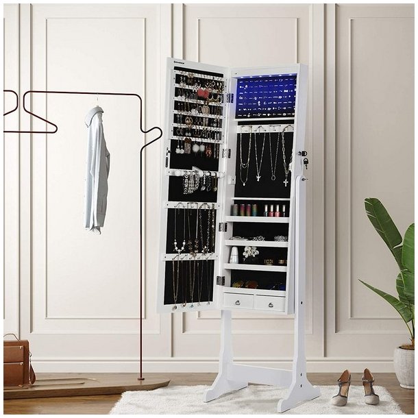 Smykkeskab med LED lys - spejlskab til smykker og makeup - hvid