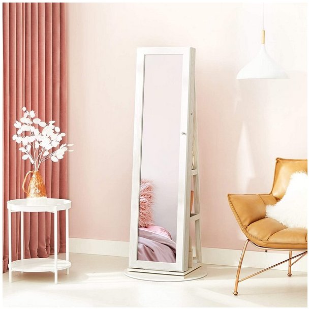 Smykkeskab, drejeligt skab med spejl, spejlskab til smykker