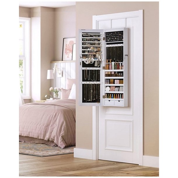 Smykkeskab med lys - v�gh�ngt spejlskab til d�r og v�g - hvid