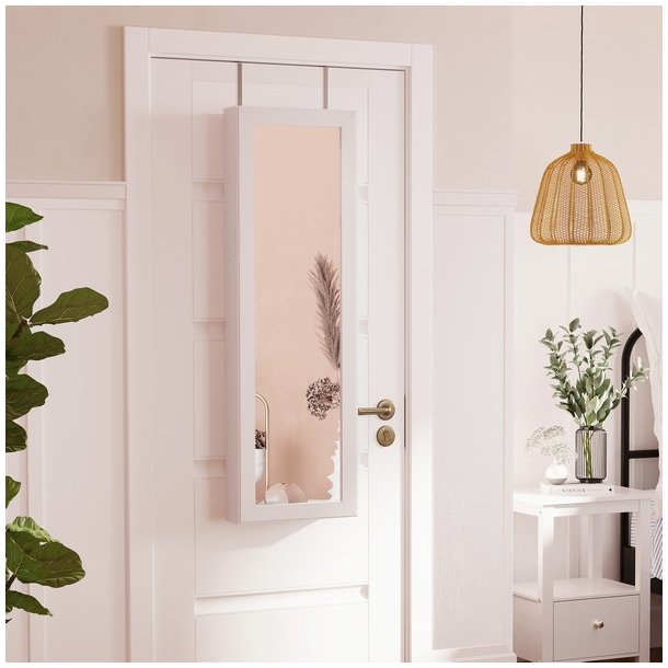 Smykkeskab med LED-lys - v�gh�ngt spejlskab til d�r - hvid