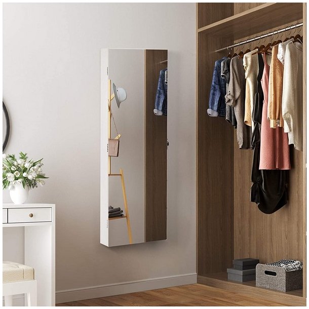 Smykkeskab med LED-lys - v�gh�ngt spejlskab til d�r - hvid