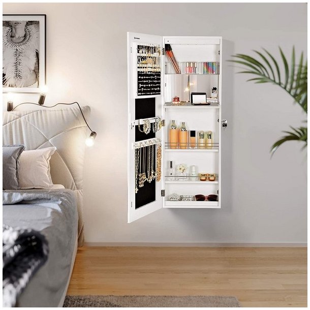 Smykkeskab med LED-lys - v�gh�ngt spejlskab til d�r - hvid