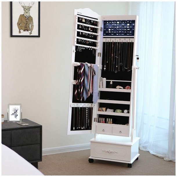 Smykkeskab med spejl, hjul og LED lys - skab til smykker - hvid