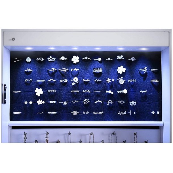 Smykkeskab med spejl, hjul og LED lys - skab til smykker - hvid