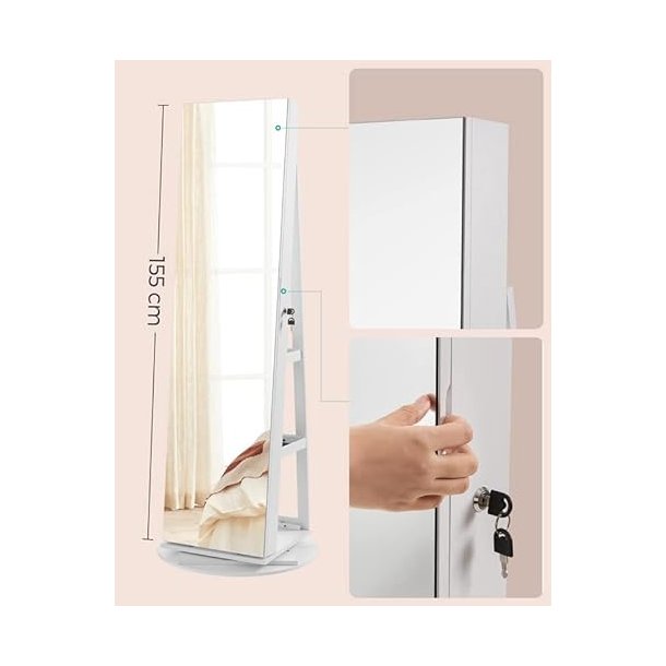 Smykkeskab - roterende spejlskab til smykker og makeup - hvid