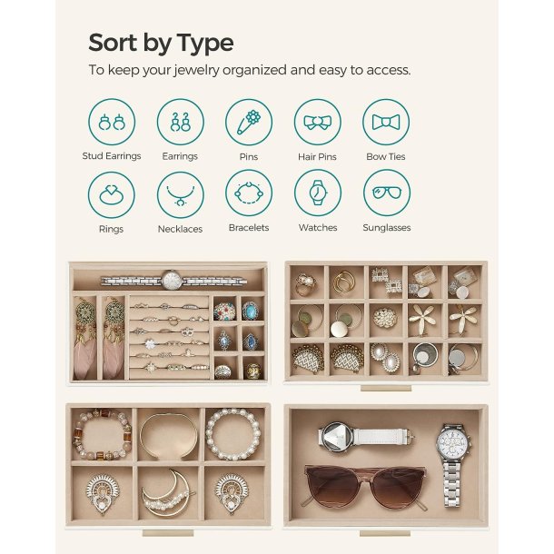 Smykkeskrin i kunstl�der - smykkeskrin med skuffer - hvid