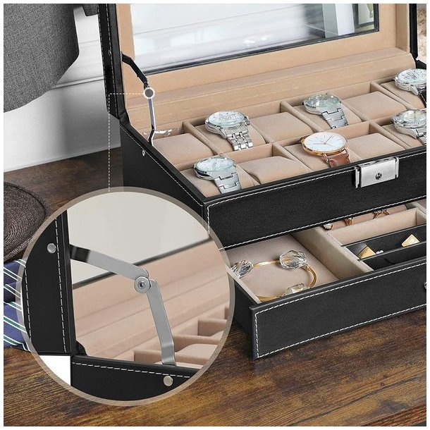 Urboks i kunstl�der - display�ske til 12 ure - smykkeskrin - sort