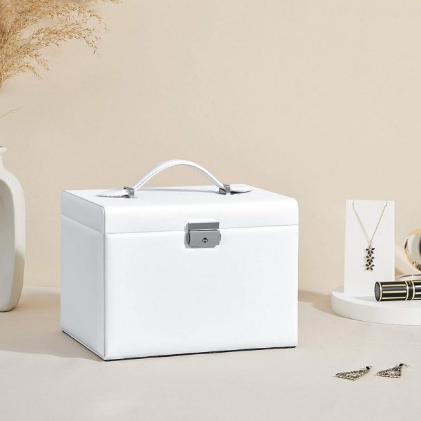 Smykkeskrin med mange rum - skrin til smykker - hvid kunstl�der