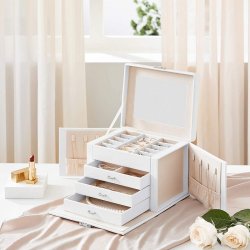 Smykkeskrin med mange rum - skrin til smykker - hvid kunstl�der