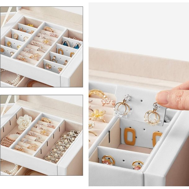 Smykkeskrin med mange rum - skrin til smykker - hvid kunstl�der