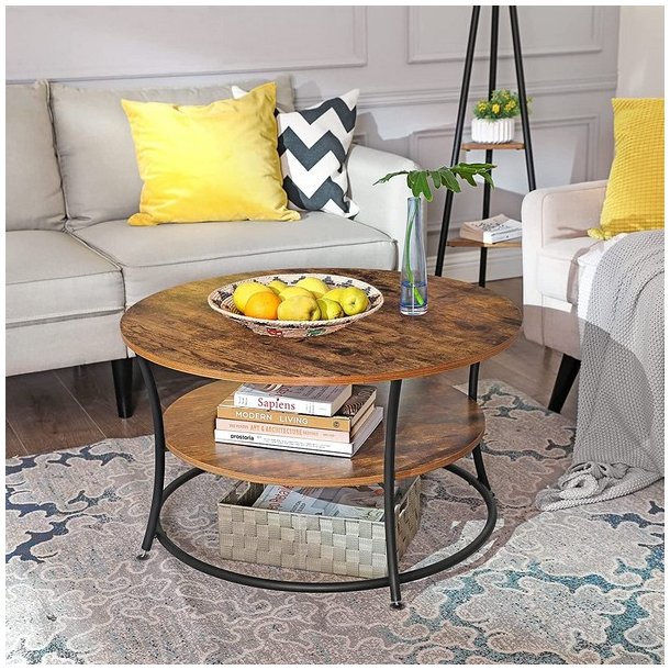 Sofabord - rundt stuebord i industrielt design - rustik brun