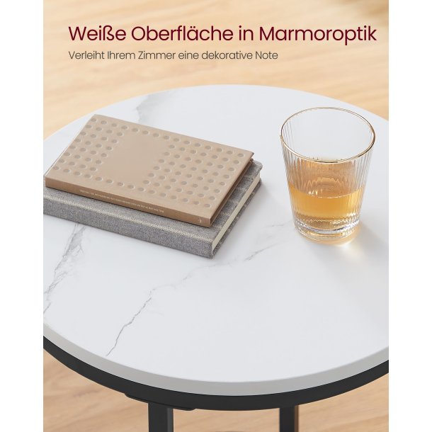 Sidebord - rundt sofabord med hvid bordplade og sort stel